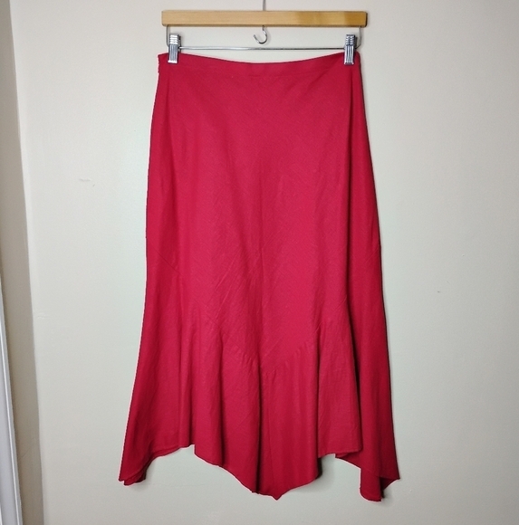 Cherry Red Linen Rayon A-Line Midi Skirt Sharkbite Hem | M - Picture 3 of 8